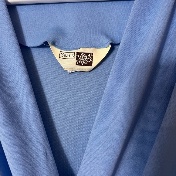 Vintage Sears Blue Wrap Dress Cap Sleeve Midi 70s 80s Size 14P Preppy Timeless - Picture 3 of 11
